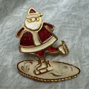 Vintage NEWPRO Skating Santa Christmas Brooch Red Glitter Enamel Pin
